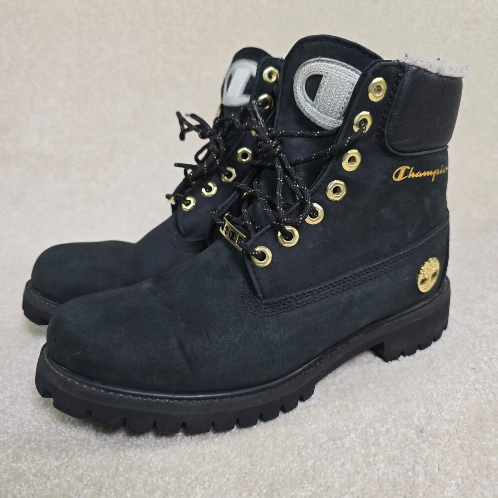 Timberland xChampion Collab Boots Black Gold 6” Shearling Streetwear 8M